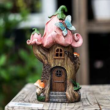 Fairy Garden Accessories Outdoor Statues, Mushroom House Decor,Large Gnome Solar Powered Lights Scul...