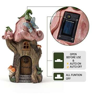 Fairy Garden Accessories Outdoor Statues, Mushroom House Decor,Large Gnome Solar Powered Lights Sculptures,Pink Resin Figurine Butterfly Figurines Lawn Ornaments for Patio Yard Decorations 11Inch