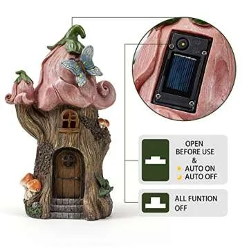 Fairy Garden Accessories Outdoor Statues, Mushroom House Decor,Large Gnome Solar Powered Lights Sculptures,Pink Resin Figurine Butterfly Figurines Lawn Ornaments for Patio Yard Decorations 11Inch
