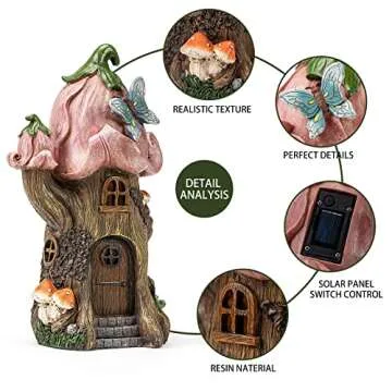 Fairy Garden Accessories Outdoor Statues, Mushroom House Decor,Large Gnome Solar Powered Lights Sculptures,Pink Resin Figurine Butterfly Figurines Lawn Ornaments for Patio Yard Decorations 11Inch