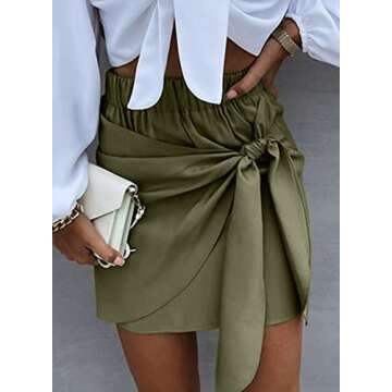 Asvivid Satin Skirts for Women Bodycon Side Tie Knot Elastic High Wasit Elegant Mini Short Skirt Green S
