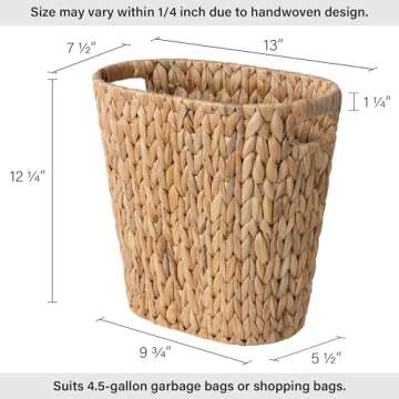 StorageWorks Wicker Waste Basket - Handwoven Water Hyacinth Trash Can with Handles