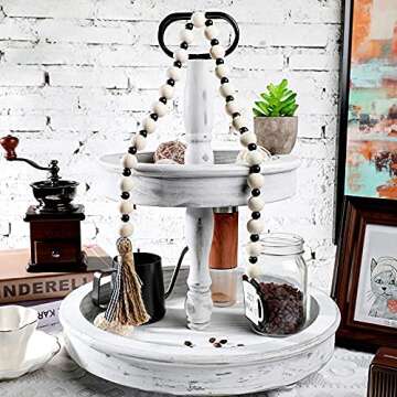 Jetec Coffee Wood Bead Garland with Tassel Coffee Bar Tiered Tray Decor Rustic Farmhouse Tiered Tray Home Decor Boho Beads Garland Kitchen Wall Rustic Accessories