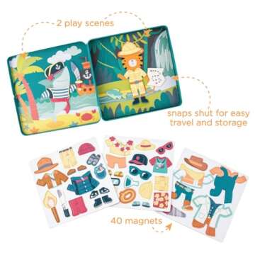 Stephen Joseph, Magnetic Dress Up Dolls 40 PC Play Set – Screen-Free Pretend Play Magnetic Case, Ideal for Ages 3+ – Travel Game for Kids, Magnetic On The Go Activity Set, Shark and Tiger