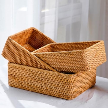 ZENFUN 3 Pack Rectangular Rattan Storage Baskets - Handmade Woven Solutions for Kitchen & Home, 3 Si...
