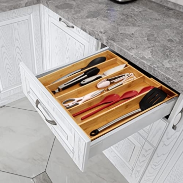 Premium Bamboo Expandable Silverware Organizer for Kitchen
