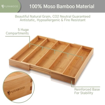 Premium Bamboo Expandable Silverware Organizer for Kitchen