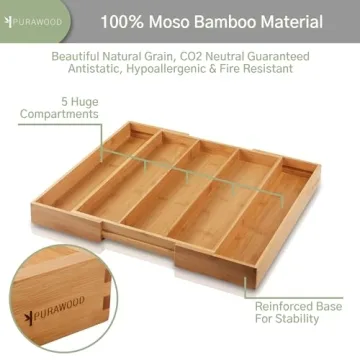 Premium Bamboo Expandable Silverware Organizer for Kitchen