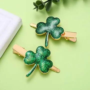 St. Patrick’s Day Hair Clips Rhinestone Glitter Green Leaf Hairpins for Women Lucky Shamrock Hair Clips Costume Hair Accessory Holiday Party Gifts (Glitter)