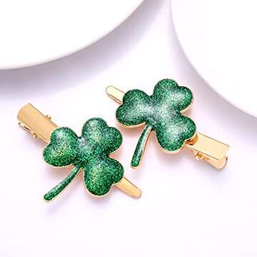 St. Patrick’s Day Hair Clips Rhinestone Glitter Green Leaf Hairpins for Women Lucky Shamrock Hair Clips Costume Hair Accessory Holiday Party Gifts (Glitter)