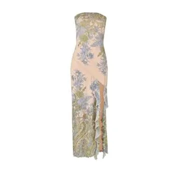 Seyumixi Sexy Tube Maxi Dres for Women Irregular Tassel Strapless Long Dress Ruffle Hem High Split Midi Dress Party（C Green ，Small）