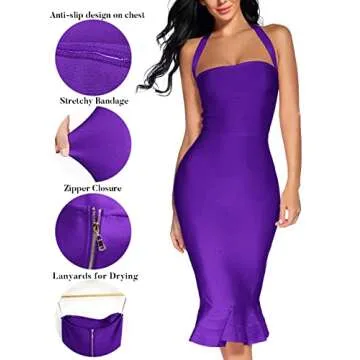 Women's Bandage Dress Sexy Halter Fishtail Bodycon Holiday Party Club Wedding Guest Dress (Purple, M)