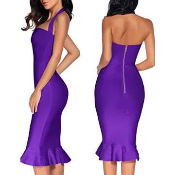 Women's Bandage Dress Sexy Halter Fishtail Bodycon Holiday Party Club Wedding Guest Dress (Purple, M)
