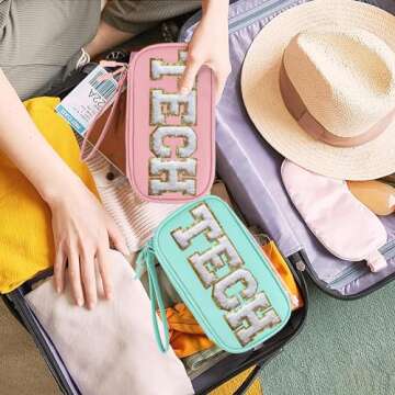 COSHAYSOO Electronics Organizer Bag Travel with Chenille Letter Patch TECH Traveling Must Have Accessories Cute Personalized Gift for Women Cable Cord Charger Storage Pouch (Greenish Blue)