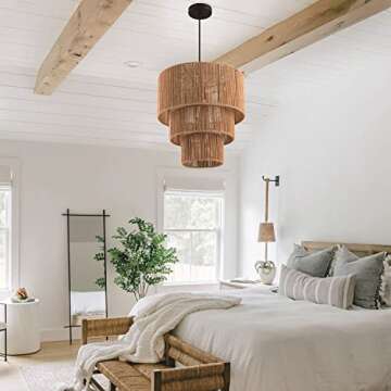 c cattleya 3-Tiered Large Farmhouse Chandelier Lighting, Natural Paper Rope Hanging Pendant Lights, Hand-Woven Ceiling Light Fixture Chandeliers for Kitchen Dining Room Bedroom Hallway Entryway