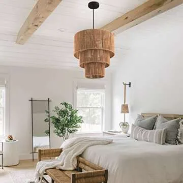 c cattleya 3-Tiered Large Farmhouse Chandelier Lighting, Natural Paper Rope Hanging Pendant Lights, Hand-Woven Ceiling Light Fixture Chandeliers for Kitchen Dining Room Bedroom Hallway Entryway