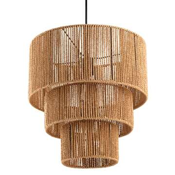 c cattleya 3-Tiered Large Farmhouse Chandelier Lighting, Natural Paper Rope Hanging Pendant Lights, Hand-Woven Ceiling Light Fixture Chandeliers for Kitchen Dining Room Bedroom Hallway Entryway