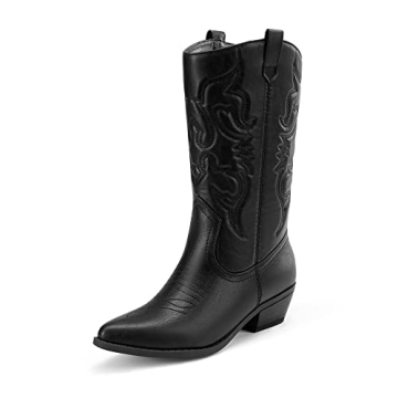 DREAM PAIRS Women's Cowboy Boots Pull On Cowgirl Boots Mid Calf Western Boots,Size 7.5,Black,SDMB221...