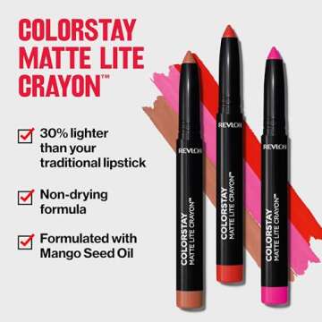 REVLON ColorStay Matte Lite Crayon Lipstick with Built-in Sharpener, Smudge-proof, Water-Resistant Non-Drying Lipcolor, 003 Soufflé All Day, 0.049 oz