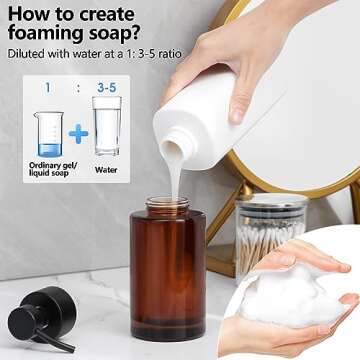 Foaming Soap Dispenser Set, 12 Oz Glass Hand Soap Dispenser with 304 Rust Proof Stainless Steel Pump, Waterproof Labels, for Bathroom Decor Kitchen College Dorm, Brown Black Pump