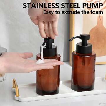Foaming Soap Dispenser Set, 12 Oz Glass Hand Soap Dispenser with 304 Rust Proof Stainless Steel Pump, Waterproof Labels, for Bathroom Decor Kitchen College Dorm, Brown Black Pump