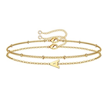 Dainty Gold Initial Bracelets for Women, Personalized Gold Initial Bracelets for Women Teen Girls Ch...