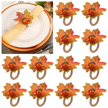 Thanksgiving Napkin Rings Set of 12- Fall Napkin Rings Holders with Harvest Acorns Maple Leaf for Au...