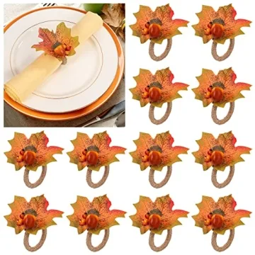 Thanksgiving Napkin Rings Set of 12- Fall Napkin Rings Holders with Harvest Acorns Maple Leaf for Au...