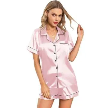 Leikar Womens Silk Satin Pajamas Shorts Set Bride Pajamas Button Down Pjs Loungewear Set L Pink