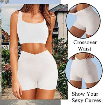 niyokki Seamless Yoga Ribbed Workout Sets for Women Two Piece Summer Sports Bra and Crossover Shorts Matching Workout Set Crop Top High Waist Leggings Workout Outfits (Pure White, M)
