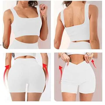 niyokki Seamless Yoga Ribbed Workout Sets for Women Two Piece Summer Sports Bra and Crossover Shorts Matching Workout Set Crop Top High Waist Leggings Workout Outfits (Pure White, M)
