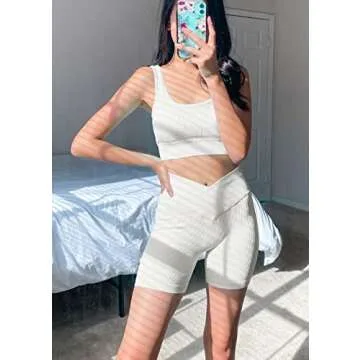 niyokki Seamless Yoga Ribbed Workout Sets for Women Two Piece Summer Sports Bra and Crossover Shorts Matching Workout Set Crop Top High Waist Leggings Workout Outfits (Pure White, M)