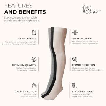 Love Classic Ribbed Cotton Women's Thigh High Socks Over the Knee Boot Leg Warmers (Ivory & Black & ...