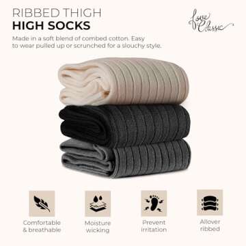 Love Classic Thigh High Socks in Ivory, Black & MHG 3-pack