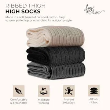 Love Classic Thigh High Socks in Ivory, Black & MHG 3-pack