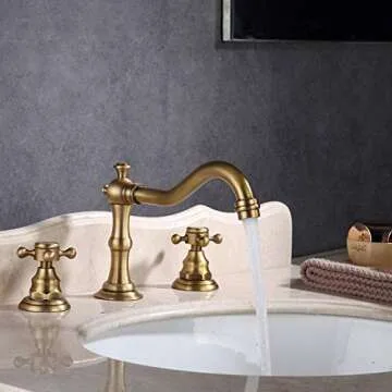 Yifinessyi Antique Brass 2 Handles 3 Holes 8-16 inch Widespread Bathroom Sink Faucet Matching With Pop Up Drain With Overflow