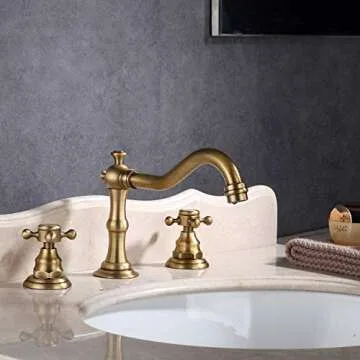 Yifinessyi Antique Brass 2 Handles 3 Holes 8-16 inch Widespread Bathroom Sink Faucet Matching With Pop Up Drain With Overflow
