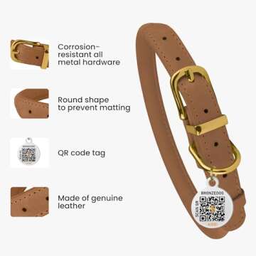 BRONZEDOG Rolled Leather Dog Collar with QR ID Tag Adjustable Soft Round Collars for Small Medium Large Dogs Puppy Cat (14" - 16" Neck Size, Light Brown)