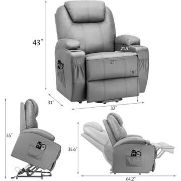 Flamaker Power Lift Recliner Chair PU Leather with Massage for Elderly Ergonomic Lounge Chair Classi...