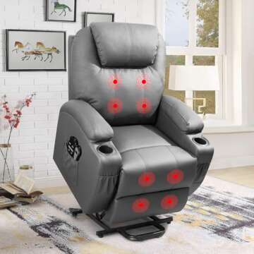 Flamaker Power Lift Recliner Chair PU Leather with Massage for Elderly Ergonomic Lounge Chair Classic Single Sofa with 2 Cup Holders Side Pockets Home Theater Seat (Leather, Gray)