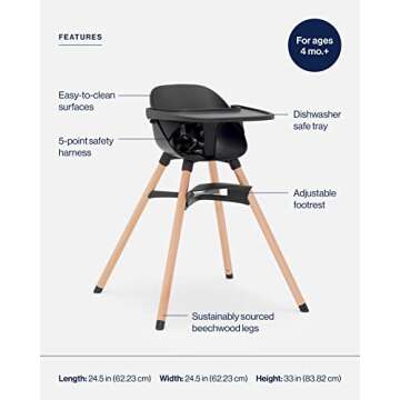 Lalo The Chair Convertible 3-in-1 High Chair - Wooden High Chair for Babies & Toddlers, Baby High Chair with Dishwasher Safe Tray, Adjustable Footrest, Licorice