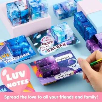 JOYIN 28 Packs Valentine’s Day Gift Cards with Infinity Magic Toys, Cosmic Hand-Held Flip, Stress Relief Fidget Toys for Kids Valentine's Party Favors, Classroom Exchange and Goodie Bag Stuffers