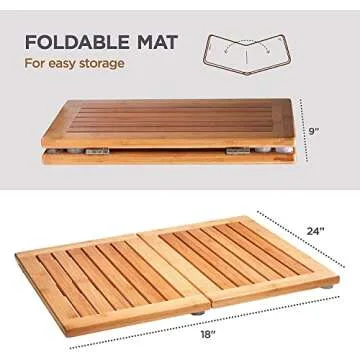 Bamboo Bath Mat - Foldable Wood Shower Mat, Non-Slip Bathroom Mat for Spa, Sauna, Pool, Indoor and Outdoor Use, Easy Storage, 24" x 18"