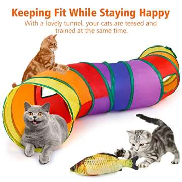 Dorakitten Cat Toys Kitten Toy Tunnel - 20PCS Indoor Interactive Toy Includes - Rainbow Tunnel Feather Teaser Fluffy Mouse Crinkle Balls Spring Toy Catnip Fish for Cats | Kitty