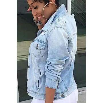 Stylish Vosujotis Distressed Plus Size Denim Jacket for Women