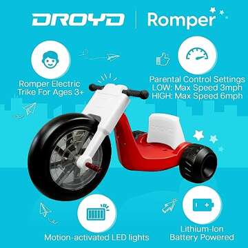 Droyd Romper Electric Tricycle for Kids 3+ Years, 24V Gifts Toys 3-6 MPH Max Speed & 45 Mins Max Lon...