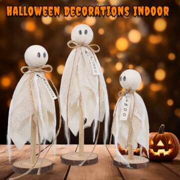 Set of 3 Wooden Ghost Halloween Decorations – Rustic Farmhouse Style Indoor Decor