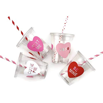 Pink Red Valentines Day Party Cups - 12 Set Plastic Lid Straws Supplies Decorations Favor