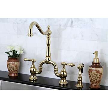 Kingston Brass KS7752ALBS English Country Bridge Kitchen Faucet, Polished Brass, 8 x 8.25 x 14.5