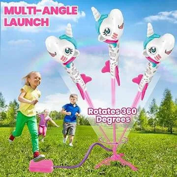 YOTOY Unicorn Rocket Launcher for Kids - Fun Outdoor Toys Launch of up to 100 Ft, 3 Unicorn Rockets, Gifts for 3 4 5 6 7 Years Old Girls and Boys